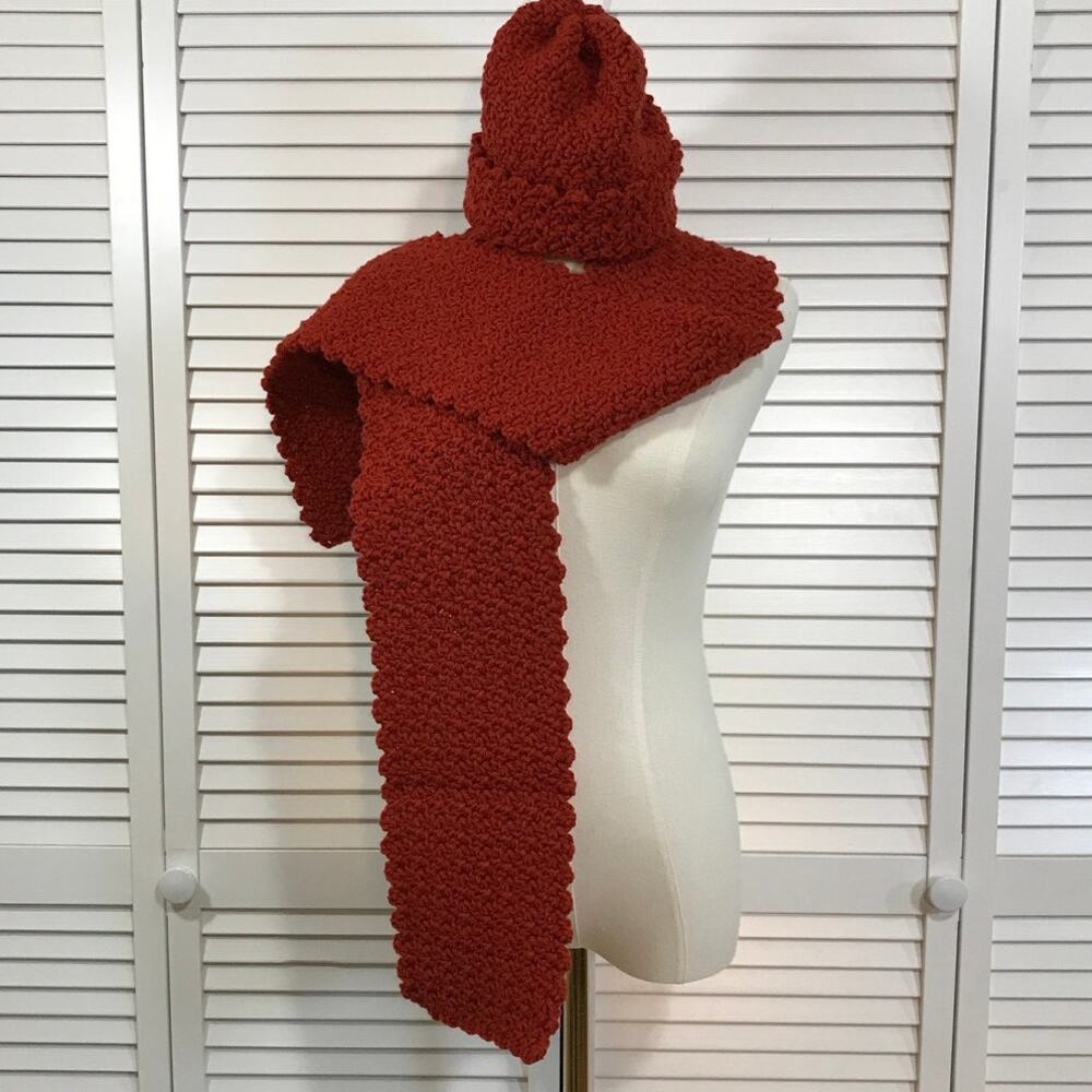 NWT Crochet Boho Cottage Clay Brown Beanie Scarf 66” Textured Winter Set